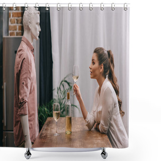 Personality  Side View Of Young Woman With Glass Of Wine At Table With Male Manikin, Unrequited Love Concept Shower Curtains