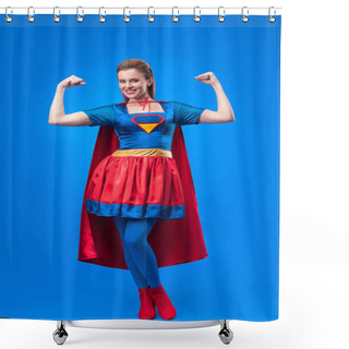 Personality  Smiling Woman In Superhero Costume Showing Muscles Isolated On Blue Shower Curtains