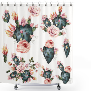 Personality  Cactus Illustration With Pink Flowers. Realistic Botanical Backg Shower Curtains