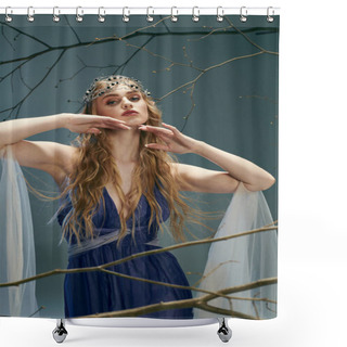 Personality  A Young Woman In A Blue Dress Stands Gracefully In Front Of A Majestic Tree In A Studio Setting, Embodying An Elf Princess. Shower Curtains