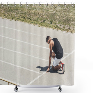 Personality  Side View Of Male Sprinter In Starting Position On Running Track  Shower Curtains