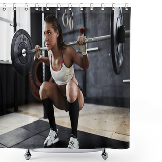 Personality  Sportswoman Performing Shoulder Press  Shower Curtains