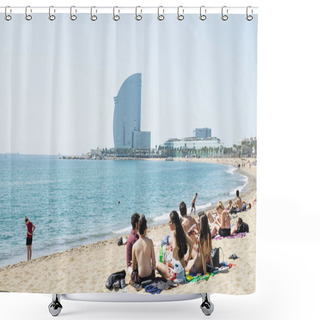 Personality  BARCELONA, SPAIN - APRIL 27, 2018: Sunbathers At The Barceloneta Beach In Barcelona, Spain, With The W Hotel, Also Known As Hotel Vela Or Sail Hotel, In The Background Shower Curtains