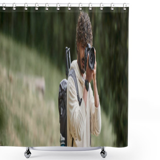 Personality  Curly Indian Tourist Taking Photo On Professional Camera, Hiker With Backpack In Forest, Banner Shower Curtains