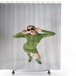 Personality  Top View Of Woman In Green Mini Dress And Knee Socks, Touching Her Eyewear With Both Hands Shower Curtains