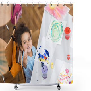 Personality  Overhead View Of Happy African American Kid Pointing With Finger Near Paper With Painting  Shower Curtains