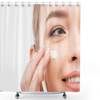 Personality  Cropped View Of Young Woman Applying Cosmetic Cream, Isolated On White Shower Curtains