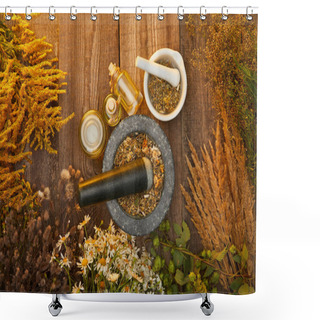 Personality  Top View Of Mortars And Bottles Near Wildflowers And Herbs On Wooden Surface Shower Curtains