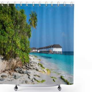 Personality  Sandy Beach With Stones And Forest. Above The Sea Is A Row Of Tropical Houses. Sunny Weather. Shower Curtains