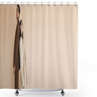 Personality  Young Interracial Couple In Fashionable Suit Posing Back To Back Isolated On Beige, Banner Shower Curtains