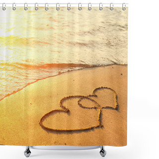 Personality  Hearts Drawn On The Sand Of A Beach Shower Curtains