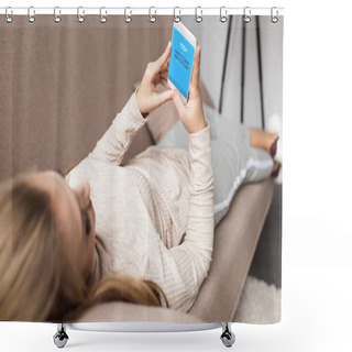 Personality  Woman On Couch Using Smartphone With Skype App On Screen Shower Curtains