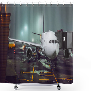 Personality  View Of Aircraft In Illuminated Foggy Airport At Night Shower Curtains
