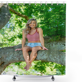 Personality  Amidst Blossoming Spring, A Beautiful Mexican American Woman Gracefully Poses In A Tree, Blending Nature's Beauty With Her Own, Capturing A Serene Moment Shower Curtains