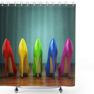 Personality  Choice Of High Heels Shoes In Different Colors. Shopping Concept Shower Curtains