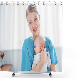 Personality  Happy Young Mother Holding Newborn Baby And Smiling At Camera In Hospital Room Shower Curtains