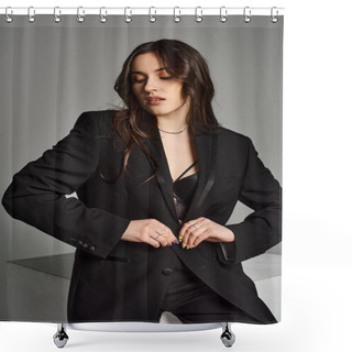 Personality  A Beautiful Plus Size Woman Confidently Poses In A Black Suit And Tie Against A Gray Backdrop. Shower Curtains