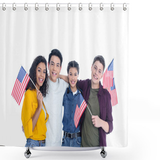 Personality  Smiling Teen Students With Usa Flags  Isolated On White Shower Curtains