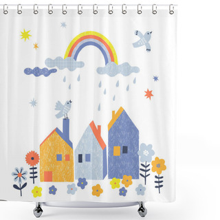 Personality  Rainy Day With Rainbow Flying Birds Blooming Flowers Cute Houses Vector Illustration Shower Curtains