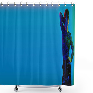 Personality  A Woman In A Body Suit Stands Ready, Holding A Surfboard. Shower Curtains