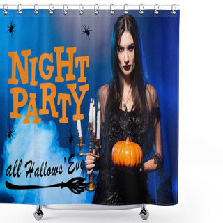 Personality  Pale Woman With Scary Makeup Holding Pumpkin And Burning Candles Near Night Party All Hallows Eve Lettering On Blue With Smoke Shower Curtains