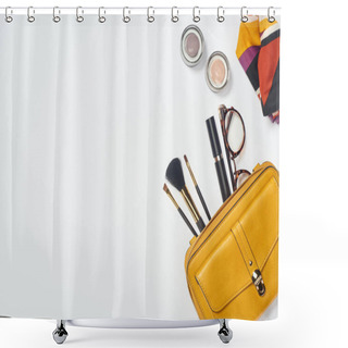 Personality  Top View Of Scarf, Glasses, Mascara, Cosmetic Brushes, Eyeshadow And Bag On White Background Shower Curtains