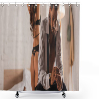 Personality  Panoramic Shot Of Man Taking Off Wedding Ring Near Sexy Woman In Lingerie In Bedroom  Shower Curtains