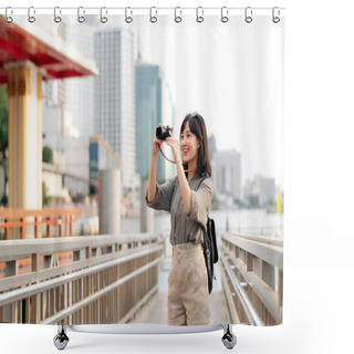 Personality  Young Asian Woman Backpack Traveler Using A Camera In Express Boat Pier On Chao Phraya River In Bangkok. Traveler Checking Out Side Streets. Shower Curtains