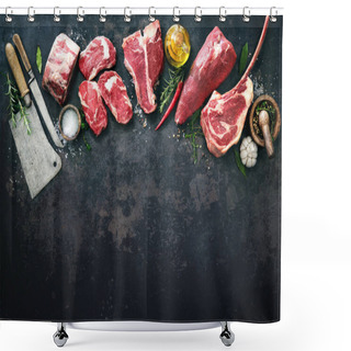 Personality  Variety Of Raw Beef Meat Steaks For Grilling With Seasoning And Utensils On Dark Rustic Board Shower Curtains