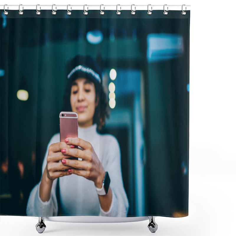 Personality  Selective Focus On Female Hands With Smartphone, Hipster Girl Holding Mobile Phone And Reading Notification, Millennial Woman Updating Publication In Social Networks Connected To University Wifi Shower Curtains
