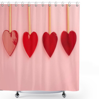 Personality  Flat Lay Of Heart-shaped Lollipops Isolated On Pink Shower Curtains