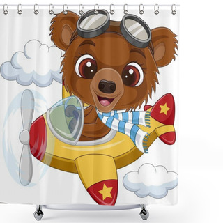 Personality  Vector Illustration Of Cartoon Baby Bear Operating A Plane Shower Curtains