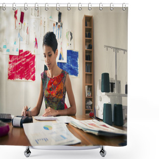 Personality  Hispanic Woman Doing Budget In Fashion Designer Atelier Shower Curtains