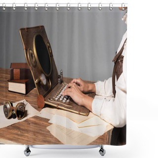 Personality  Cropped View Of Woman Typing On Steampunk Laptop At Table Isolated On Grey Shower Curtains