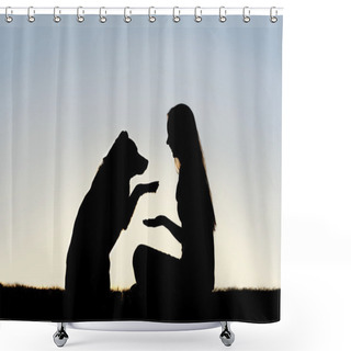 Personality  Woman And Her Pet Dog Outside Shaking Hands Silhouette Shower Curtains
