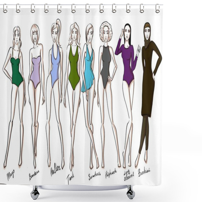 Personality  Set Of Female Swimsuit Illustration. Various Types Of Women Beac Shower Curtains