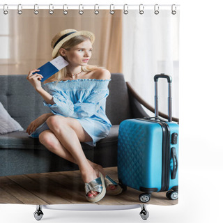 Personality  Woman Traveler Sitting With Suitcase And Passport Shower Curtains