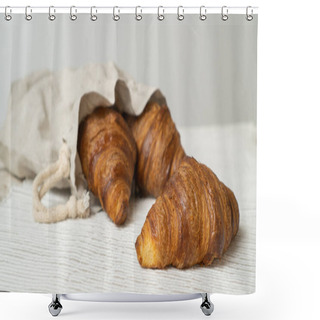 Personality  Croissants In Eco Bag On Wooden Table. Eco-friendly Linen Bag With Fresh Croissants. Shower Curtains
