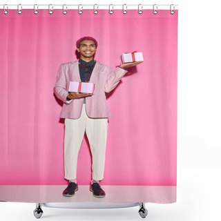 Personality  Handsome African American Man In Vibrant Outfit Posing With Presents In Hands On Pink Backdrop Shower Curtains