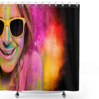 Personality  Happy Laughing Young Woman Enjoying Celebrating Holi Shower Curtains