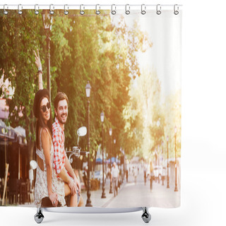 Personality  Young Couple Riding  A Vintage Scooter In The Street Shower Curtains