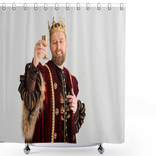 Personality  Smiling King With Crown Holding Cup Isolated On Grey Shower Curtains