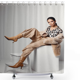 Personality  Fashionable Brunette In Autumn Clothes Brown Boots Model Shower Curtains