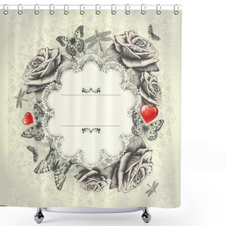 Personality  Glamorous Lace Frame With Blooming Roses, Flying Butterflies, Red Heart. Ha Shower Curtains