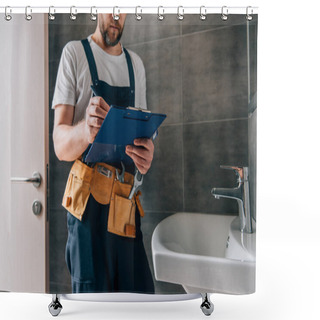 Personality  Partial View Of Male Plumber With Toolbelt Writing In Clipboard Near Broken Sink In Bathroom Shower Curtains