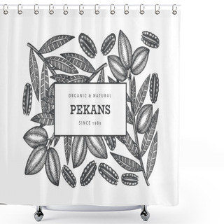 Personality  Hand Drawn Pecan Branch And Kernels Design Template. Organic Food Vector Illustration On White Background. Vintage Nut Illustration. Engraved Style Botanical Picture. Shower Curtains