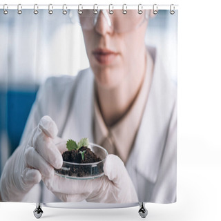 Personality  Cropped View Of Biochemist Holding Glass With Ground And Green Leaves  Shower Curtains