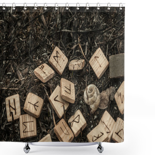 Personality  Wooden Runes On The Ground Shower Curtains