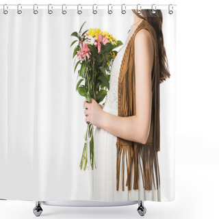 Personality  Cropped View Of Pregnant Boho Woman Holding Flowers Isolated On White Shower Curtains