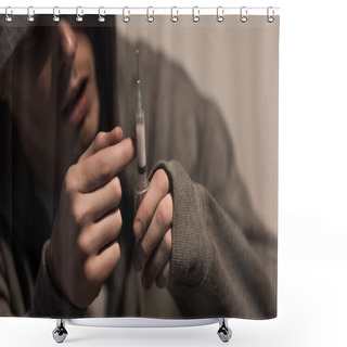 Personality  Selective Focus Of Junkie Man Holding Syringe With Dose Of Heroin Shower Curtains